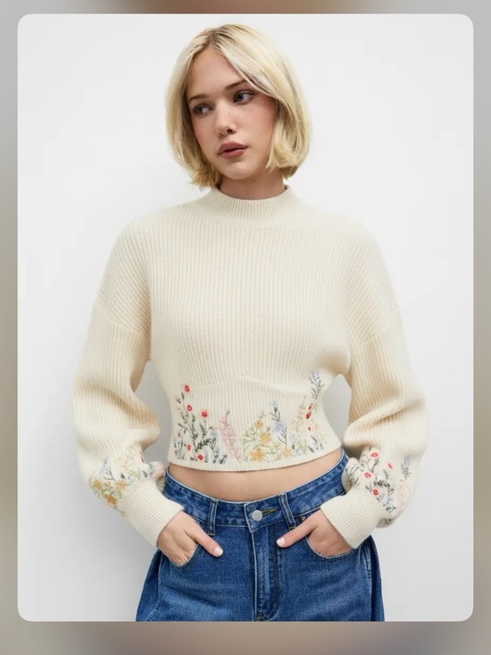 Cider Sweaters - Cider KNIT HIGH NECK FLORAL EMBROIDERY CROP TOP M ip-7